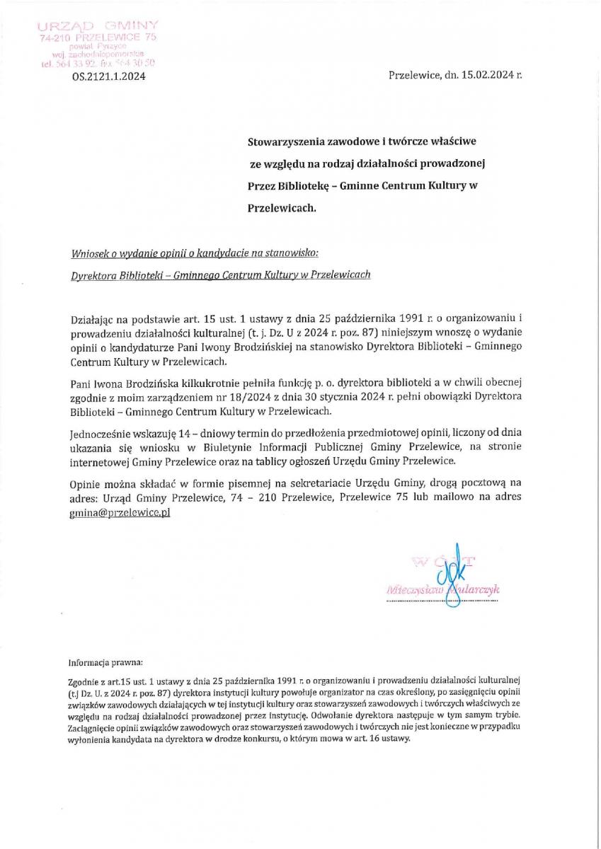 Wniosek o wydanie opinii o kandydacie na stanowisko Dyrektora Biblioteki- Gminnego Centrum Kultury w Przelewicach