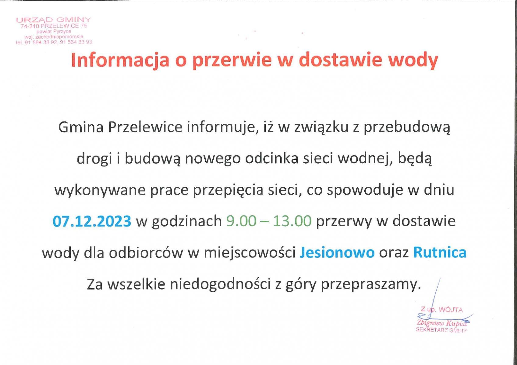 Informacja o braku wody w Jesionowie i Rutnicy w dniu 07.12.2023 r.