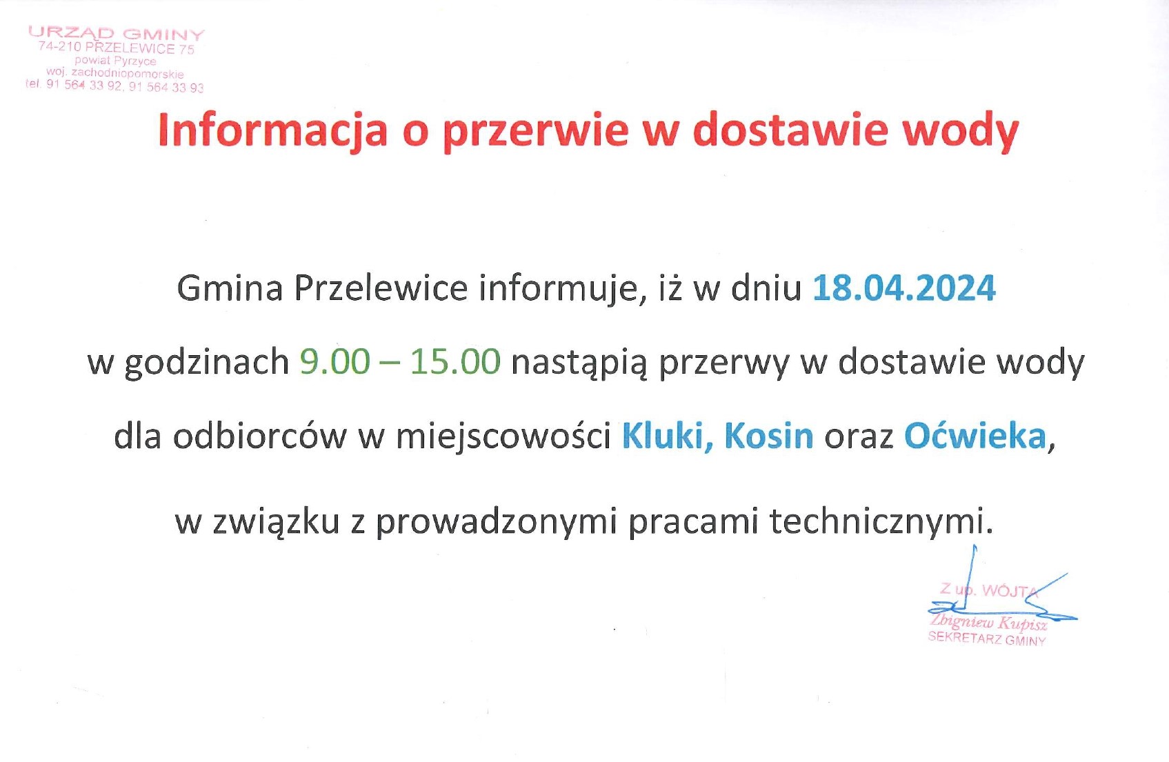 Informacja o braku wody w Kosinie, Klukach i Oćwiece w dniu 18.04.2024 r.