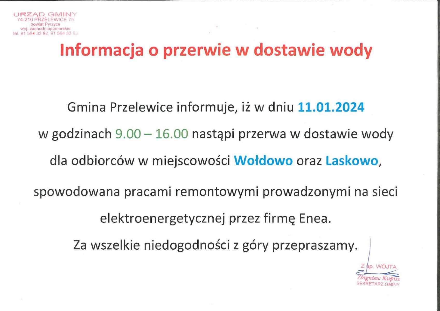 Informacja o braku wody w Laskowie i Wołdowie dniu 11.01.2024 r.