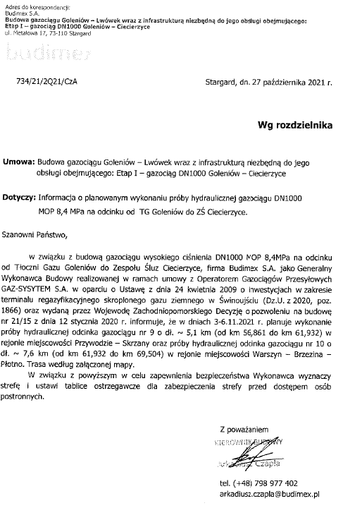 Informacja o planowanym wykonaniu próby hydraulicznej gazociągu DN 1000 w rejonie miejscowości Przywodzie -Skrzany