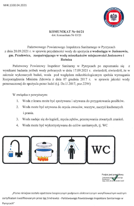 Komunikat w sprawie przydatności wody do spożycia z wodociagu w Jesionowie