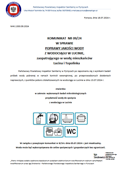 Komunikat Nr 09/24 w sprawie poprawy jakości wody z wodociągu w Lucinie, zaopatrującego w wodę mieszkańców  Lucina i Topolinka