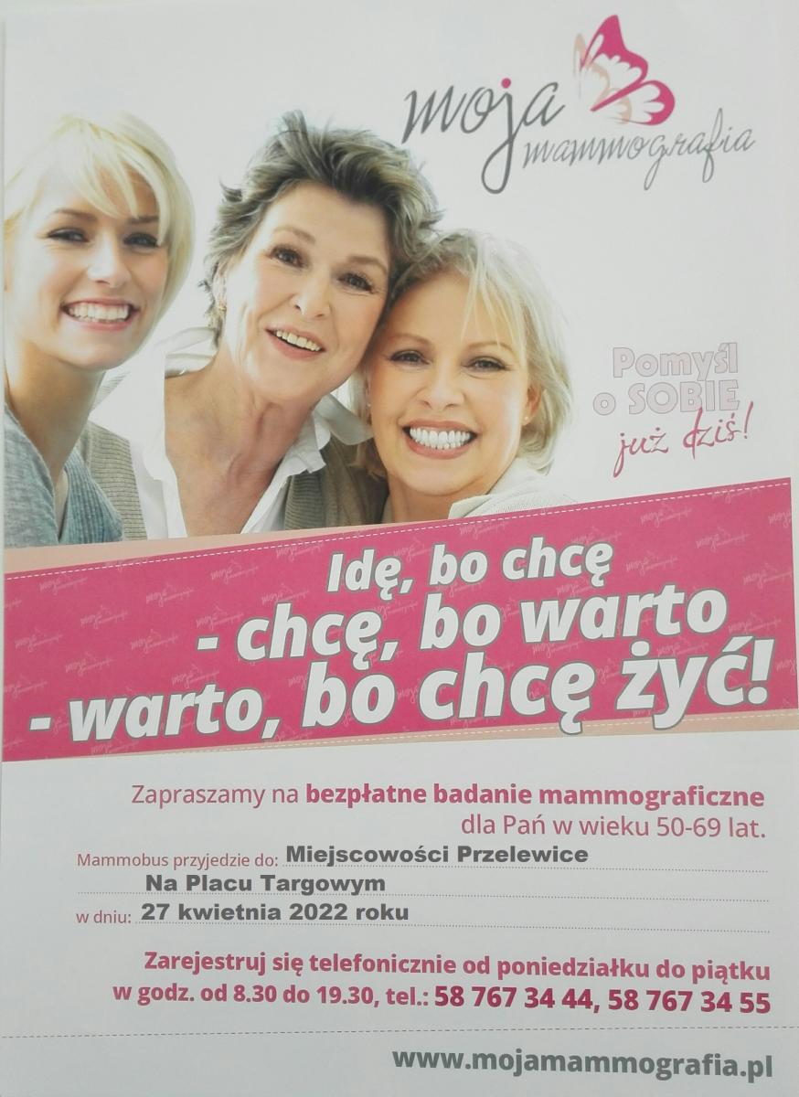 Zapraszamy na badania mammograficzne - 27.04.2022r.