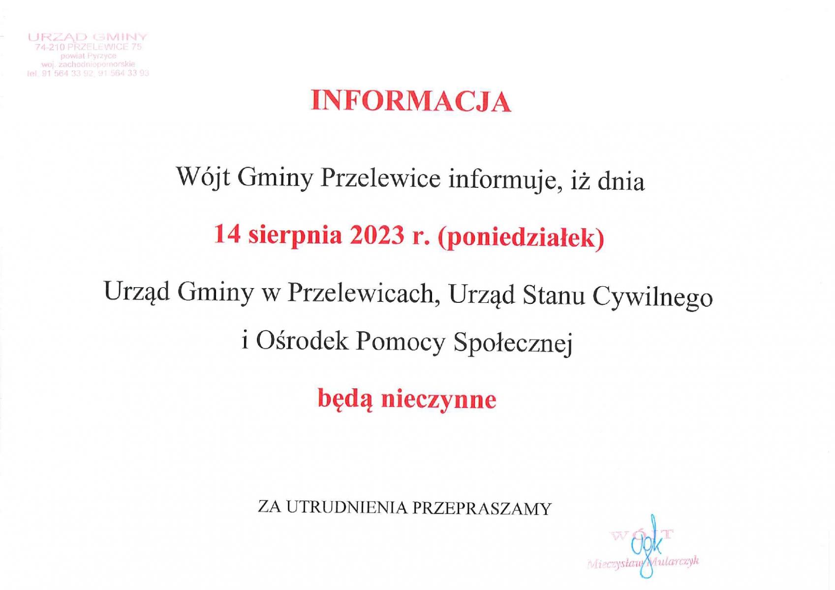 Informacja- UG, USC i OPS w Przelewicach nieczynny w dniu 14.08.2023 r.