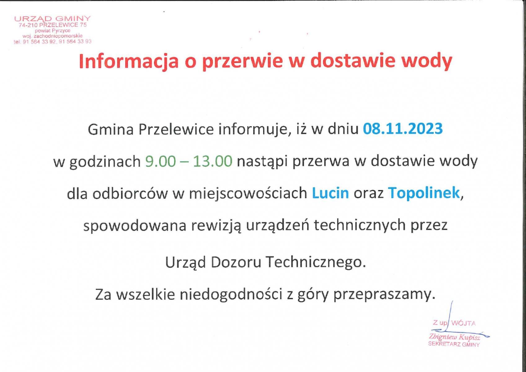 Informacja o braku wody w Lucinie i Topolinku.