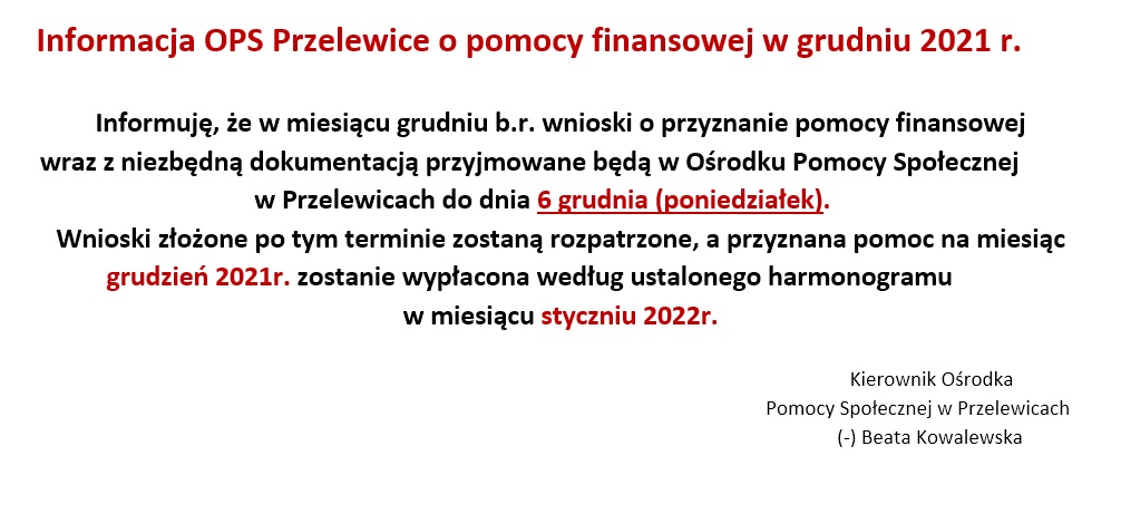 Informacja OPS Przelewice o pomocy finansowej w grudniu 2021 r.