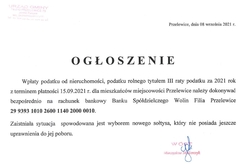 Ogłoszenie dla mieszkańców Sołectwa Przelewice o poborze III raty podatku