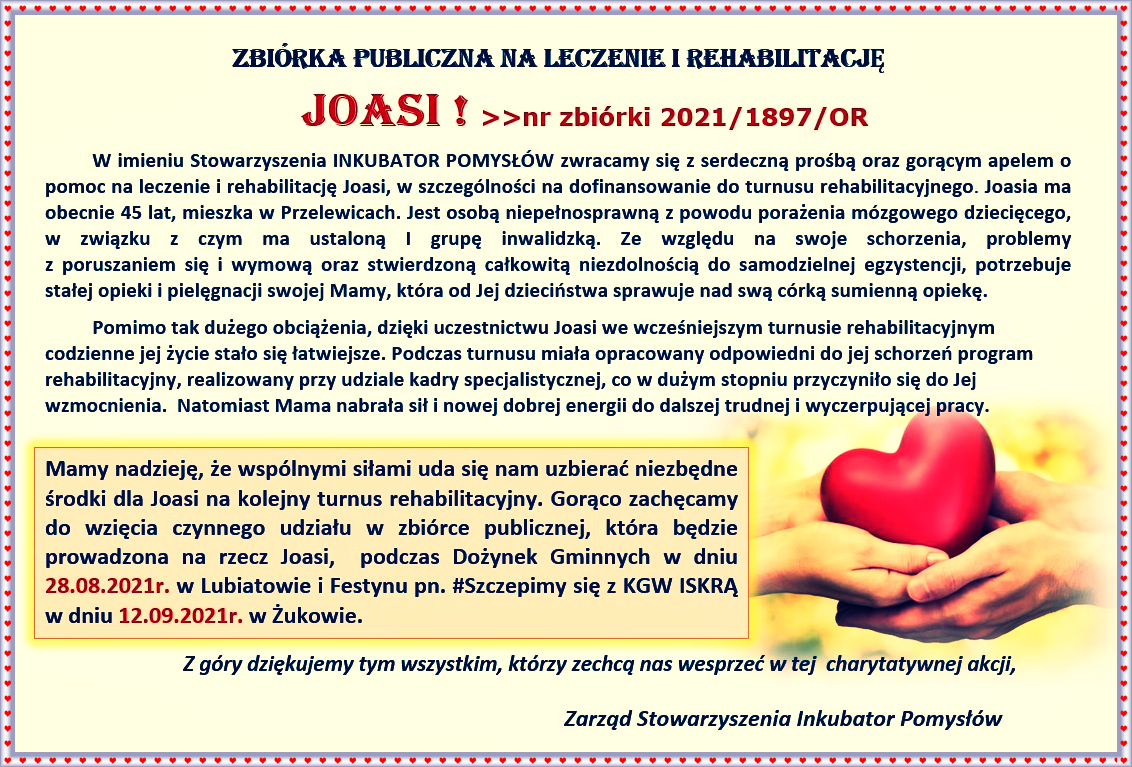 Ogłoszenie o zbiórce publicznej na leczenie i rehabilitację  Joasi