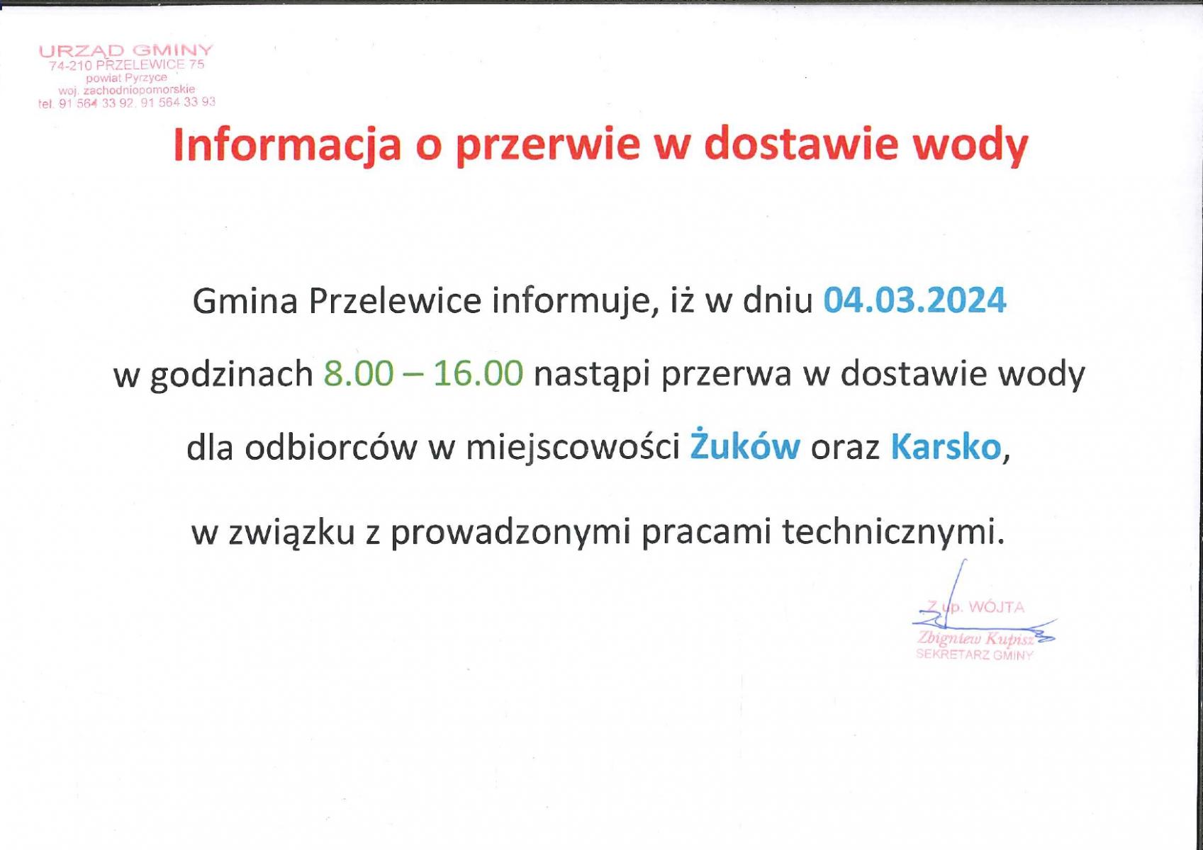 Informacja o braku wody w Żukowie i Karsku dniu 04.03.2024 r.