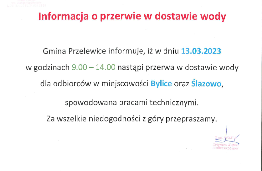 Informacja o przerwie w dostawie wody w Bylicach i Ślazowie w dniu 13.03.2023 r.